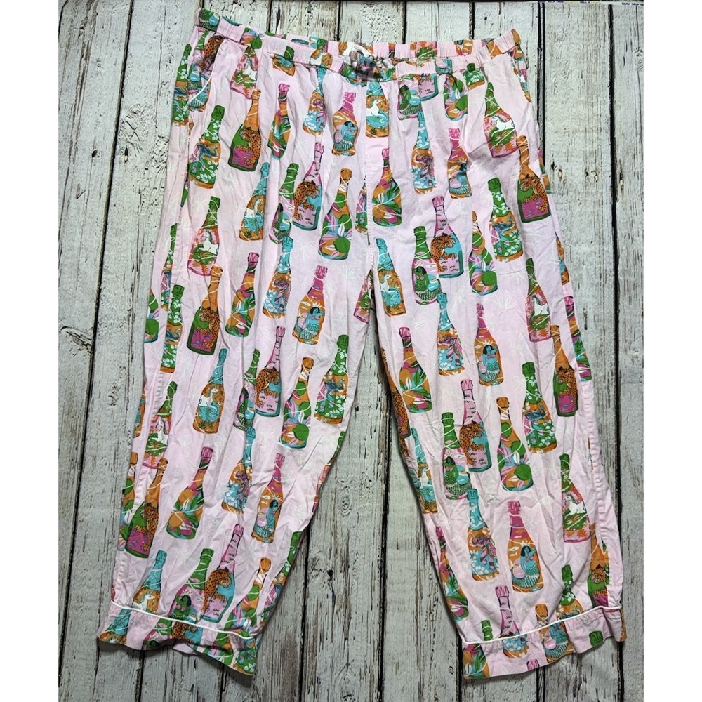 Print Fresh Champagne Bottles Pink Elastic Waist Pajama Pants Bottoms Plus‎ Size